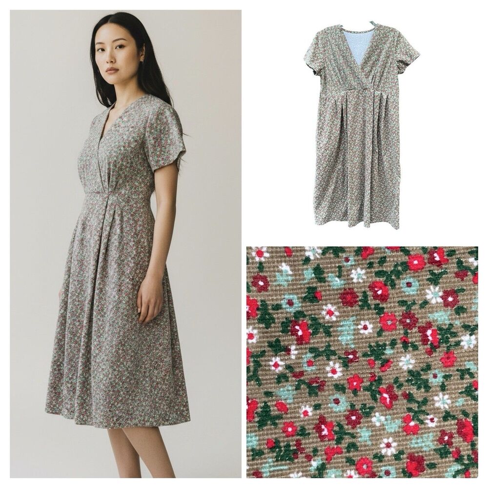 Modest Cottagecore Midi Dress Ditsy Floral Corduroy Pinwale Handmade Prairie